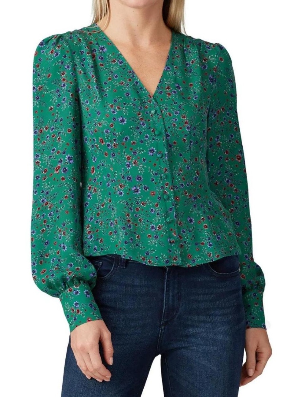 NICHOLAS 100% Silk Green Floral Button Front V-Neck Blouse Long Sleeve Size 6